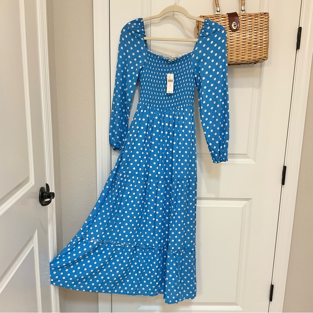 Anthropologie Dolan Smocked Dress Blue Polka Dot Size S, NWT